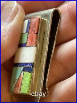 Vintage Native American Money Clip Inlay Turquoise Lapis Etc Silver Signed L