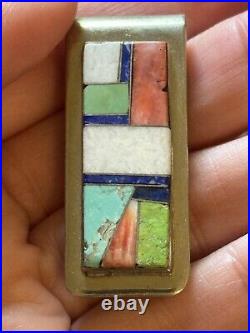 Vintage Native American Money Clip Inlay Turquoise Lapis Etc Silver Signed L