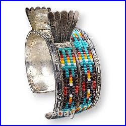 Vintage Native American Navajo Sterling Silver Glass Seed Bead Watch Cuff Signed