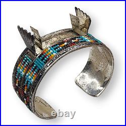 Vintage Native American Navajo Sterling Silver Glass Seed Bead Watch Cuff Signed