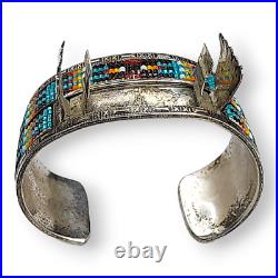 Vintage Native American Navajo Sterling Silver Glass Seed Bead Watch Cuff Signed