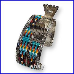 Vintage Native American Navajo Sterling Silver Glass Seed Bead Watch Cuff Signed