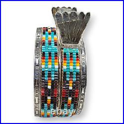 Vintage Native American Navajo Sterling Silver Glass Seed Bead Watch Cuff Signed