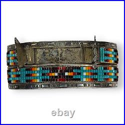 Vintage Native American Navajo Sterling Silver Glass Seed Bead Watch Cuff Signed