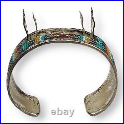 Vintage Native American Navajo Sterling Silver Glass Seed Bead Watch Cuff Signed