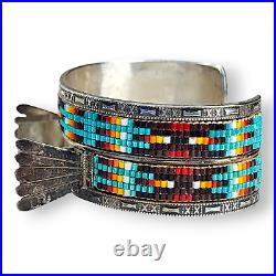 Vintage Native American Navajo Sterling Silver Glass Seed Bead Watch Cuff Signed