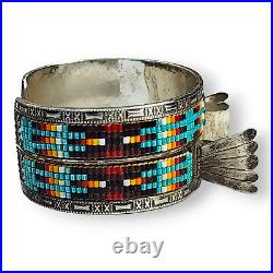 Vintage Native American Navajo Sterling Silver Glass Seed Bead Watch Cuff Signed