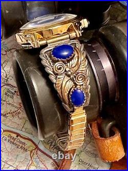 Vintage Native American Navajo Sterling Silver Lapis Watch Band With Relic Watch