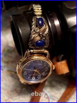 Vintage Native American Navajo Sterling Silver Lapis Watch Band With Relic Watch