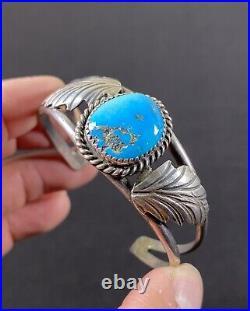 Vintage Native American Signed GT Sterling Silver Large Turquoise Cuff Bracelet