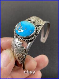 Vintage Native American Signed GT Sterling Silver Large Turquoise Cuff Bracelet