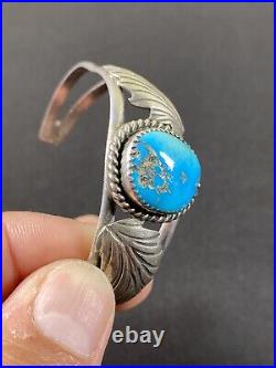 Vintage Native American Signed GT Sterling Silver Large Turquoise Cuff Bracelet