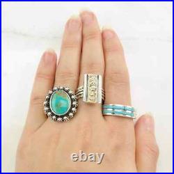 Vintage Native American Silver Ring 14K Gold Accent Stamped Sterling Size 7