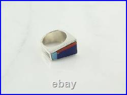 Vintage Native American Silver Ring Lapis Coral Opal Inlay Sterling Size 8 1/4