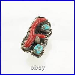 Vintage Native American Silver Ring Turquoise, Coral Sterling Blue, Red Size 7