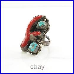 Vintage Native American Silver Ring Turquoise, Coral Sterling Blue, Red Size 7