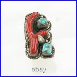 Vintage Native American Silver Ring Turquoise, Coral Sterling Blue, Red Size 7