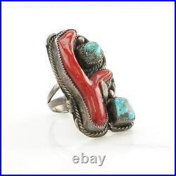 Vintage Native American Silver Ring Turquoise, Coral Sterling Blue, Red Size 7