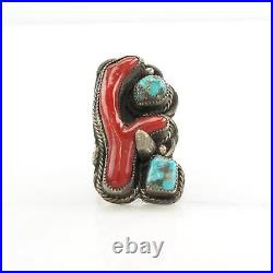 Vintage Native American Silver Ring Turquoise, Coral Sterling Blue, Red Size 7