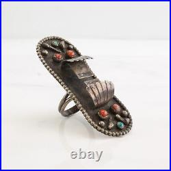 Vintage Native American Silver Ring Turquoise Coral Watch Sterling Size 8 1/4