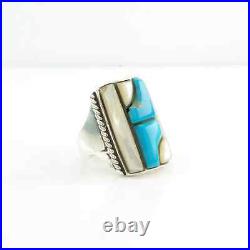 Vintage Native American Silver Ring Turquoise, MOP Inlay Sterling Size 9 1/2