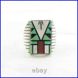 Vintage Native American Silver Ring Turquoise, Onyx Inlay Sterling Size 11 3/4