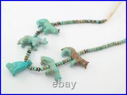 Vintage Native American Sterling Silver Carved Wolf Turquoise Necklace