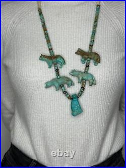 Vintage Native American Sterling Silver Carved Wolf Turquoise Necklace