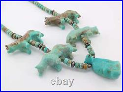 Vintage Native American Sterling Silver Carved Wolf Turquoise Necklace