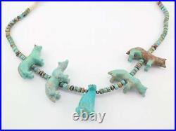 Vintage Native American Sterling Silver Carved Wolf Turquoise Necklace