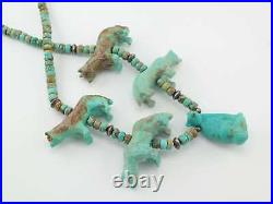 Vintage Native American Sterling Silver Carved Wolf Turquoise Necklace