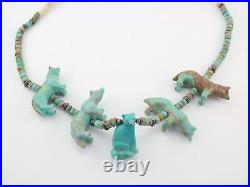 Vintage Native American Sterling Silver Carved Wolf Turquoise Necklace