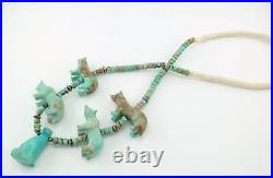 Vintage Native American Sterling Silver Carved Wolf Turquoise Necklace