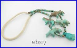 Vintage Native American Sterling Silver Carved Wolf Turquoise Necklace