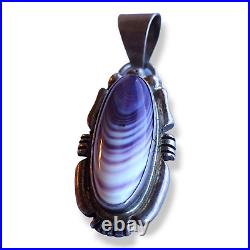 Vintage Native American Sterling Silver Purple Clamshell Wampum Pendant Signed