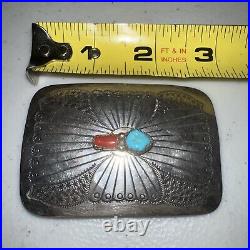 Vintage Native American Sterling Silver Turquoise Coral Belt Buckle 2.75 X 2