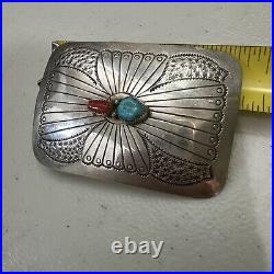 Vintage Native American Sterling Silver Turquoise Coral Belt Buckle 2.75 X 2