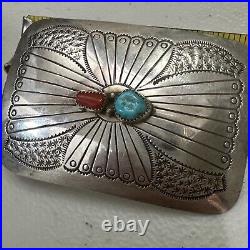 Vintage Native American Sterling Silver Turquoise Coral Belt Buckle 2.75 X 2