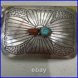 Vintage Native American Sterling Silver Turquoise Coral Belt Buckle 2.75 X 2