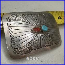 Vintage Native American Sterling Silver Turquoise Coral Belt Buckle 2.75 X 2