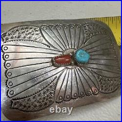 Vintage Native American Sterling Silver Turquoise Coral Belt Buckle 2.75 X 2