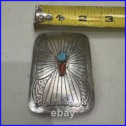 Vintage Native American Sterling Silver Turquoise Coral Belt Buckle 2.75 X 2