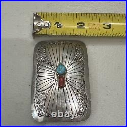 Vintage Native American Sterling Silver Turquoise Coral Belt Buckle 2.75 X 2