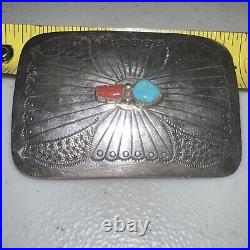 Vintage Native American Sterling Silver Turquoise Coral Belt Buckle 2.75 X 2