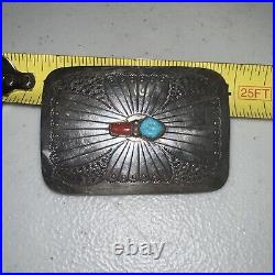 Vintage Native American Sterling Silver Turquoise Coral Belt Buckle 2.75 X 2