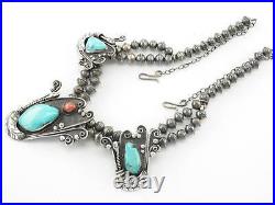 Vintage Native American Sterling Silver Turquoise Coral Feather Necklace