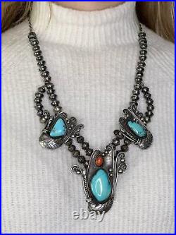 Vintage Native American Sterling Silver Turquoise Coral Feather Necklace