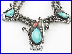 Vintage Native American Sterling Silver Turquoise Coral Feather Necklace