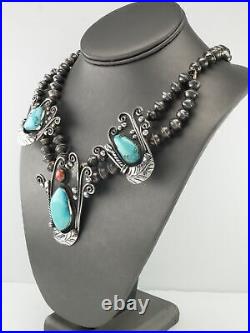 Vintage Native American Sterling Silver Turquoise Coral Feather Necklace