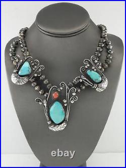 Vintage Native American Sterling Silver Turquoise Coral Feather Necklace